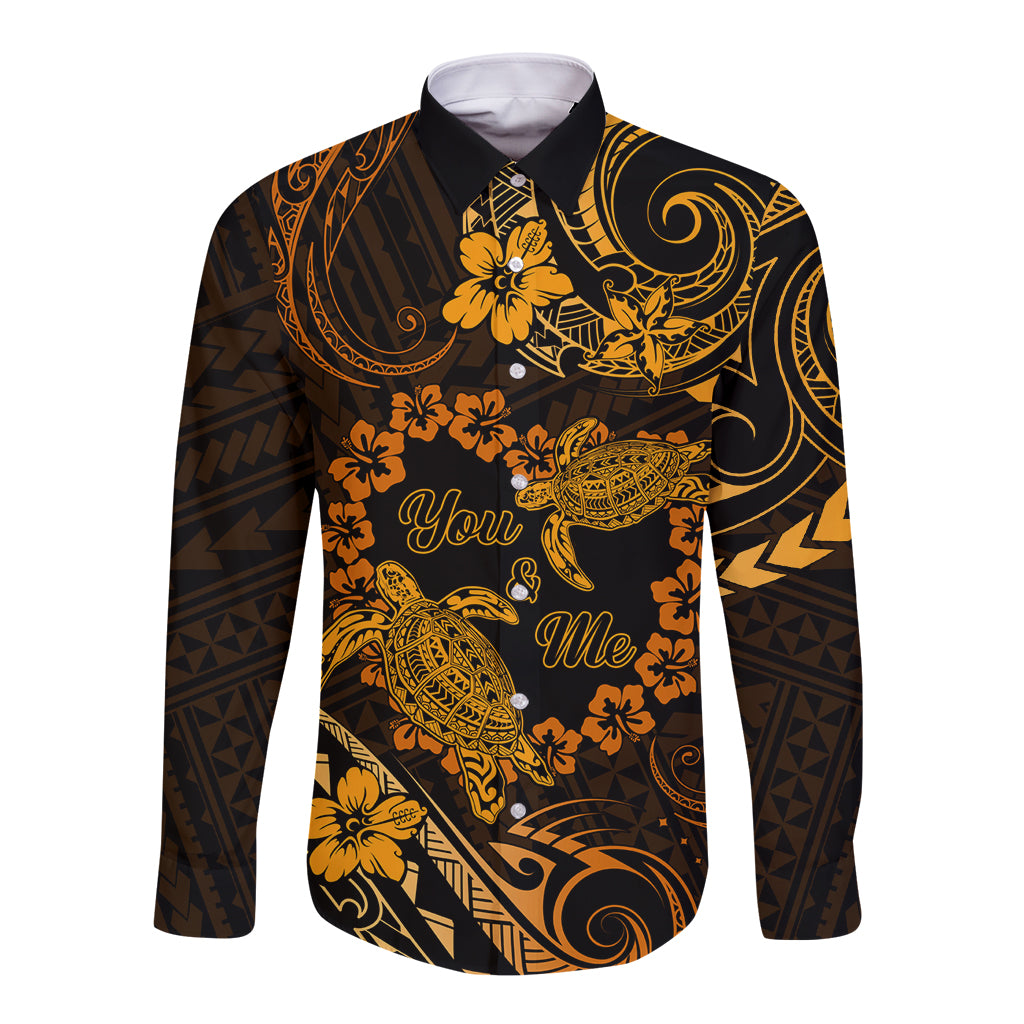 Polynesian Turtle Valentine Long Sleeve Button Shirt You And Me Gold Hibiscus Heart LT01 Unisex Gold - Polynesian Pride