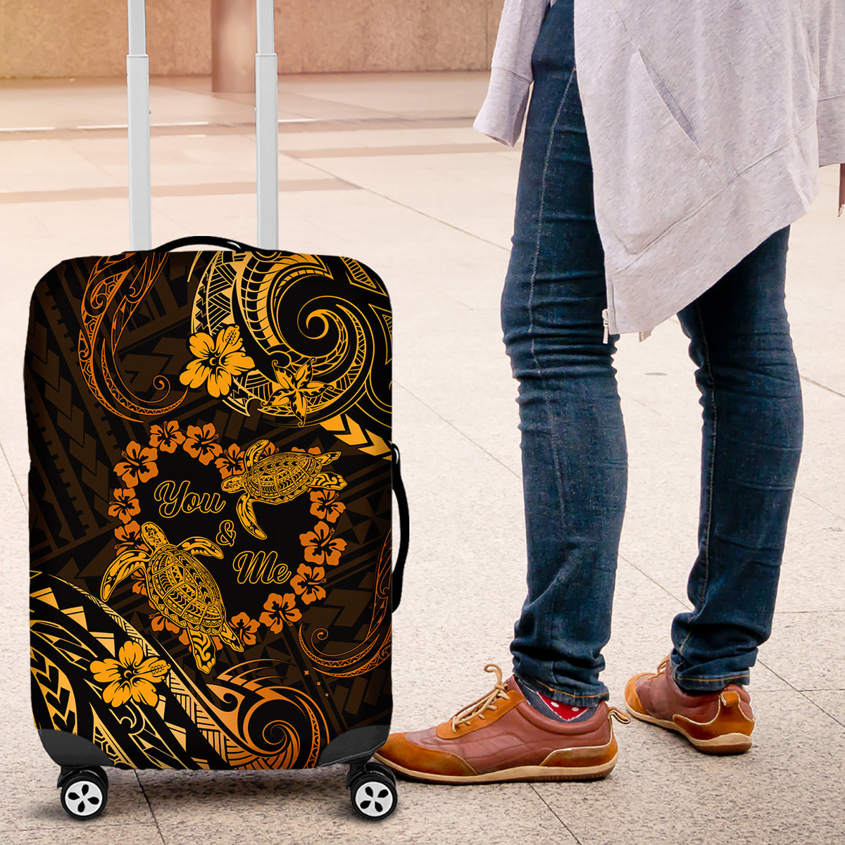 Polynesian Turtle Valentine Luggage Cover You And Me Gold Hibiscus Heart LT01 Gold - Polynesian Pride