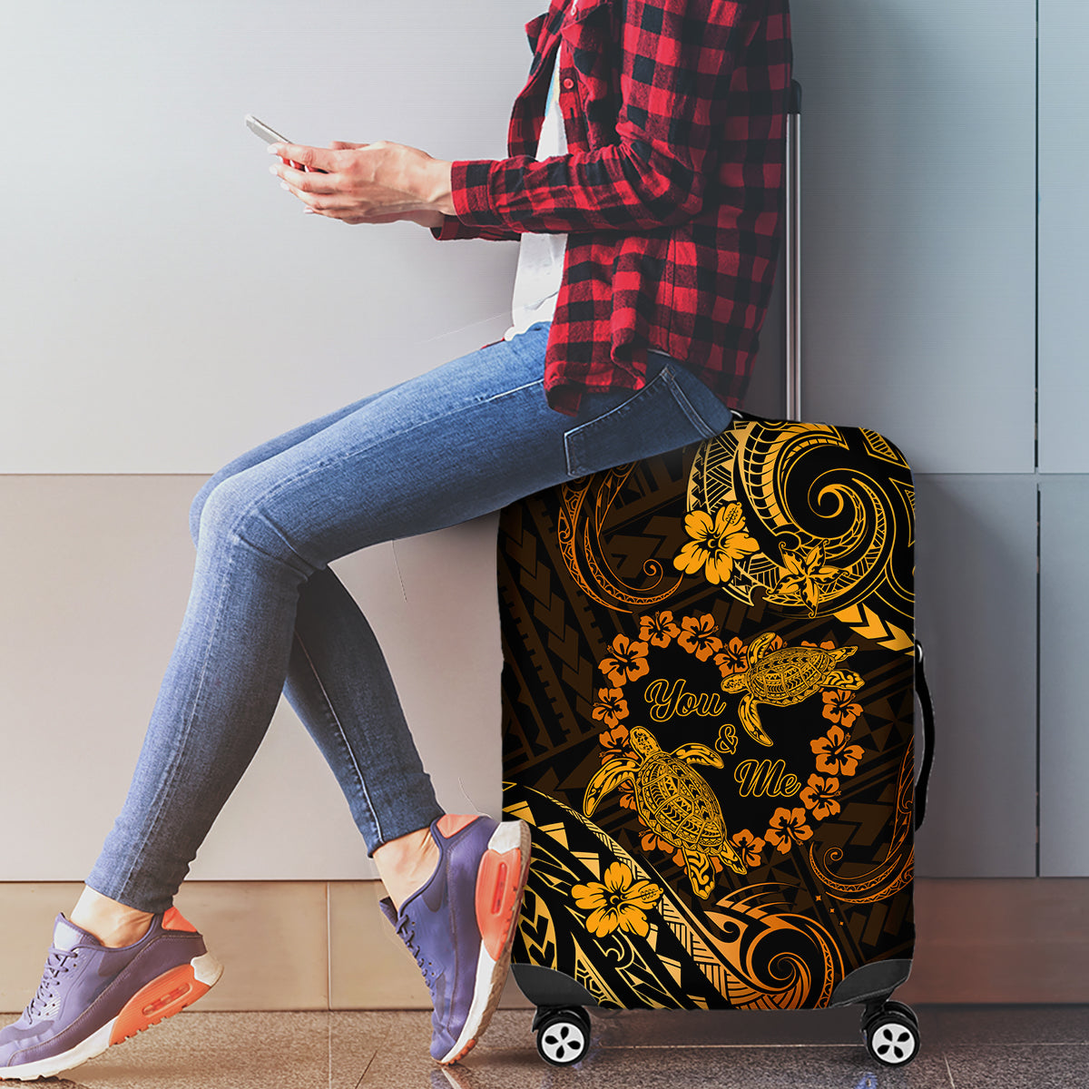 Polynesian Turtle Valentine Luggage Cover You And Me Gold Hibiscus Heart LT01 - Polynesian Pride