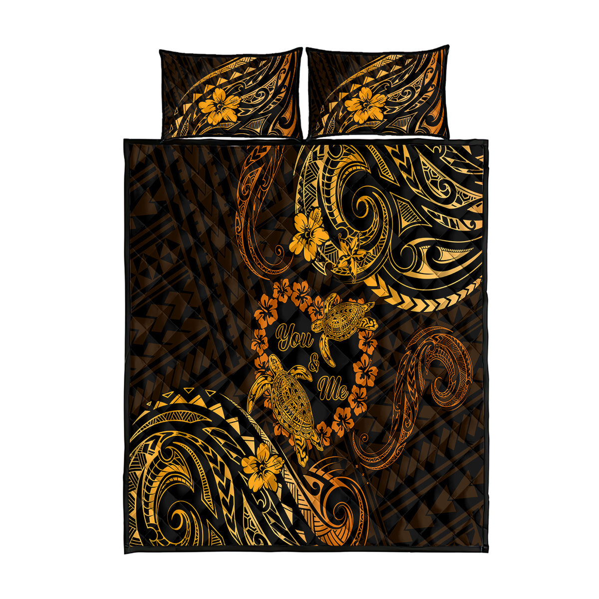 Polynesian Turtle Valentine Quilt Bed Set You And Me Gold Hibiscus Heart LT01 Gold - Polynesian Pride