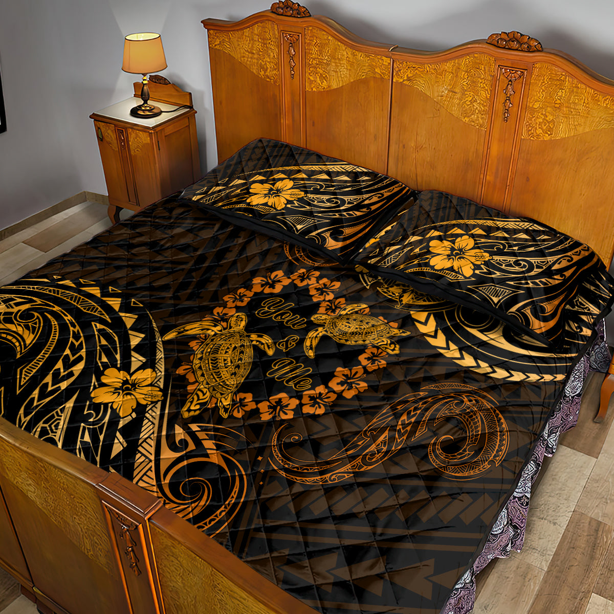 Polynesian Turtle Valentine Quilt Bed Set You And Me Gold Hibiscus Heart LT01 - Polynesian Pride