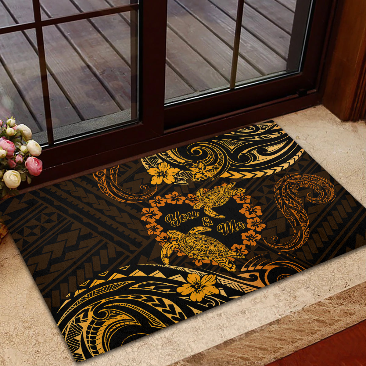 Polynesian Turtle Valentine Rubber Doormat You And Me Gold Hibiscus Heart LT01 - Polynesian Pride