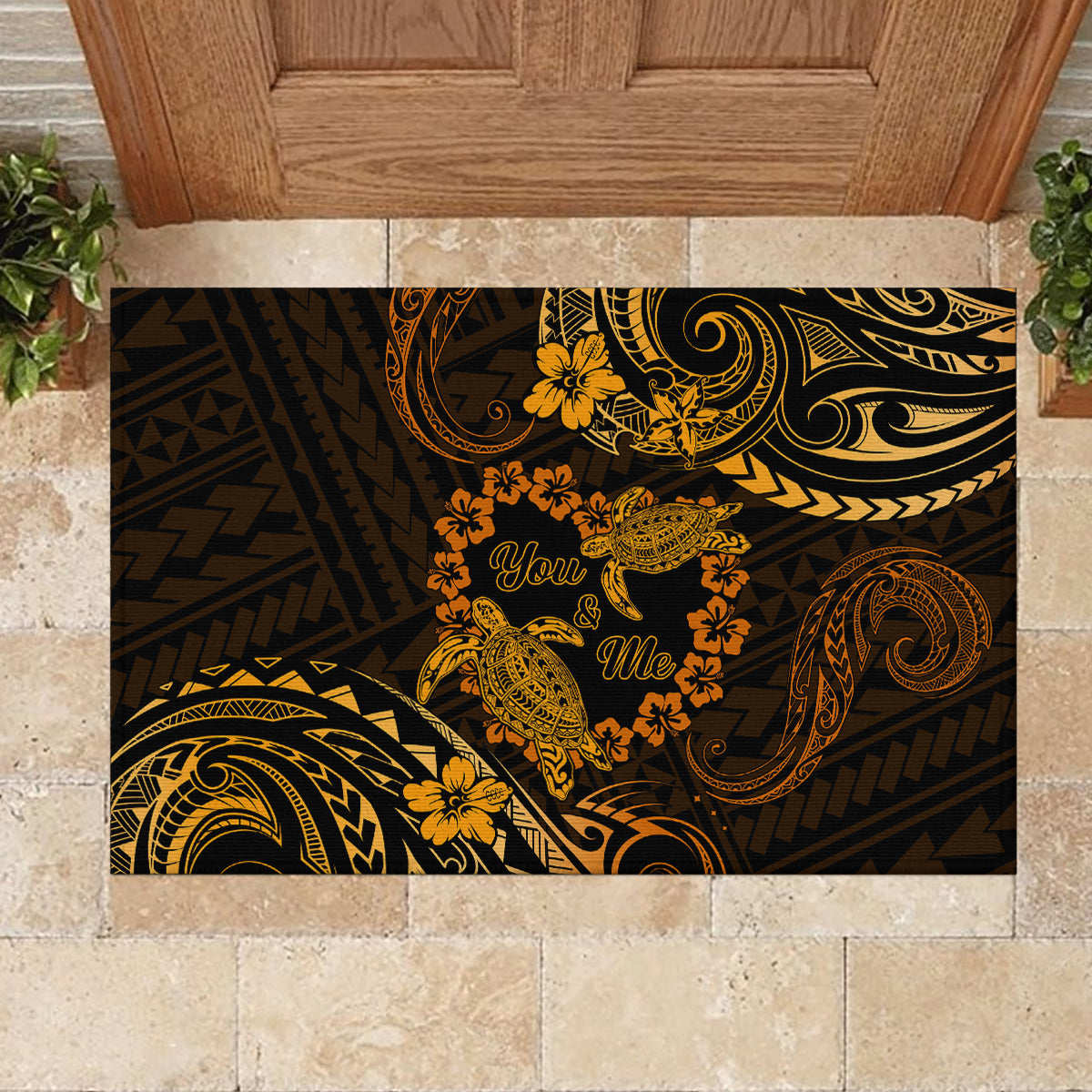 Polynesian Turtle Valentine Rubber Doormat You And Me Gold Hibiscus Heart LT01 - Polynesian Pride