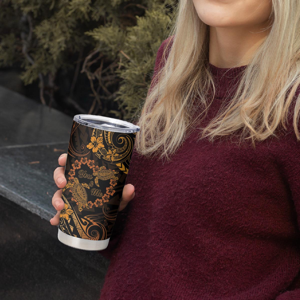 Polynesian Turtle Valentine Tumbler Cup You And Me Gold Hibiscus Heart