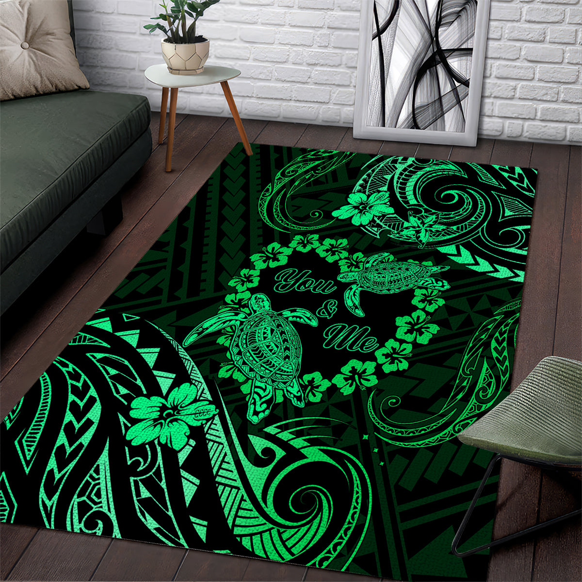 Polynesian Turtle Valentine Area Rug You And Me Green Hibiscus Heart LT01 Green - Polynesian Pride