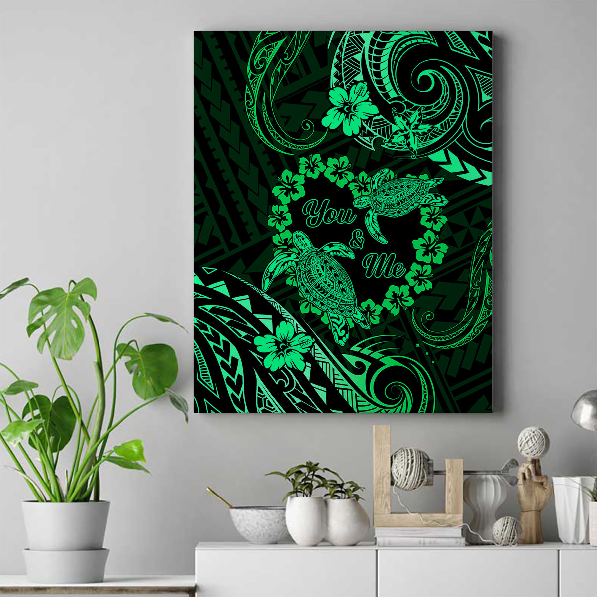 Polynesian Turtle Valentine Canvas Wall Art You And Me Green Hibiscus Heart LT01 Green - Polynesian Pride