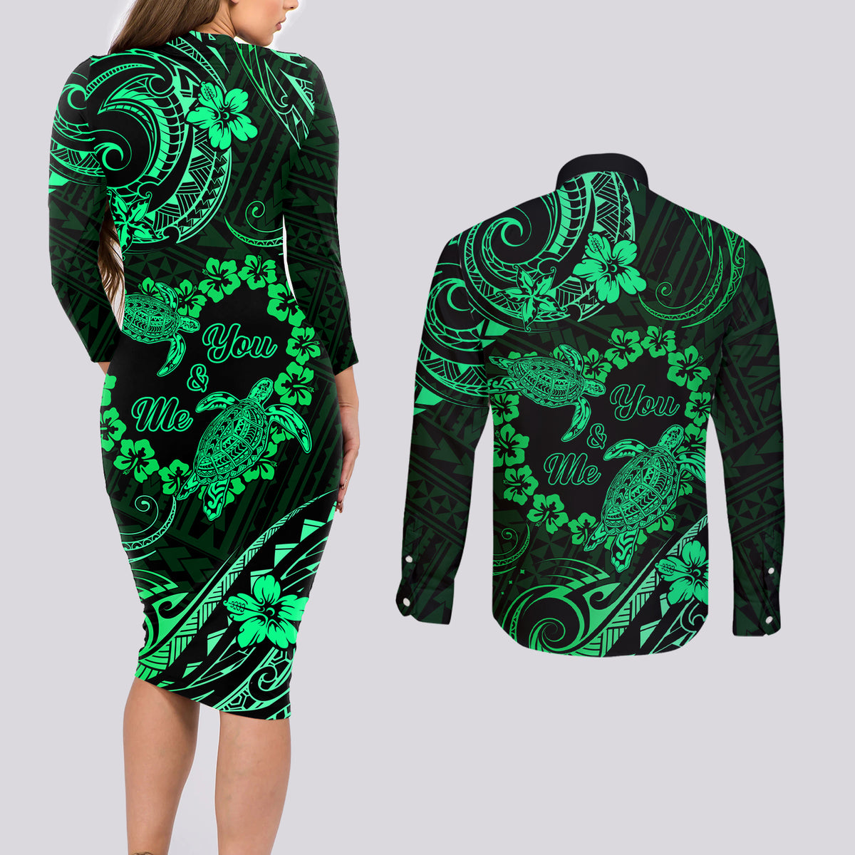 Polynesian Turtle Valentine Couples Matching Long Sleeve Bodycon Dress and Long Sleeve Button Shirt You And Me Green Hibiscus Heart LT01 - Polynesian Pride