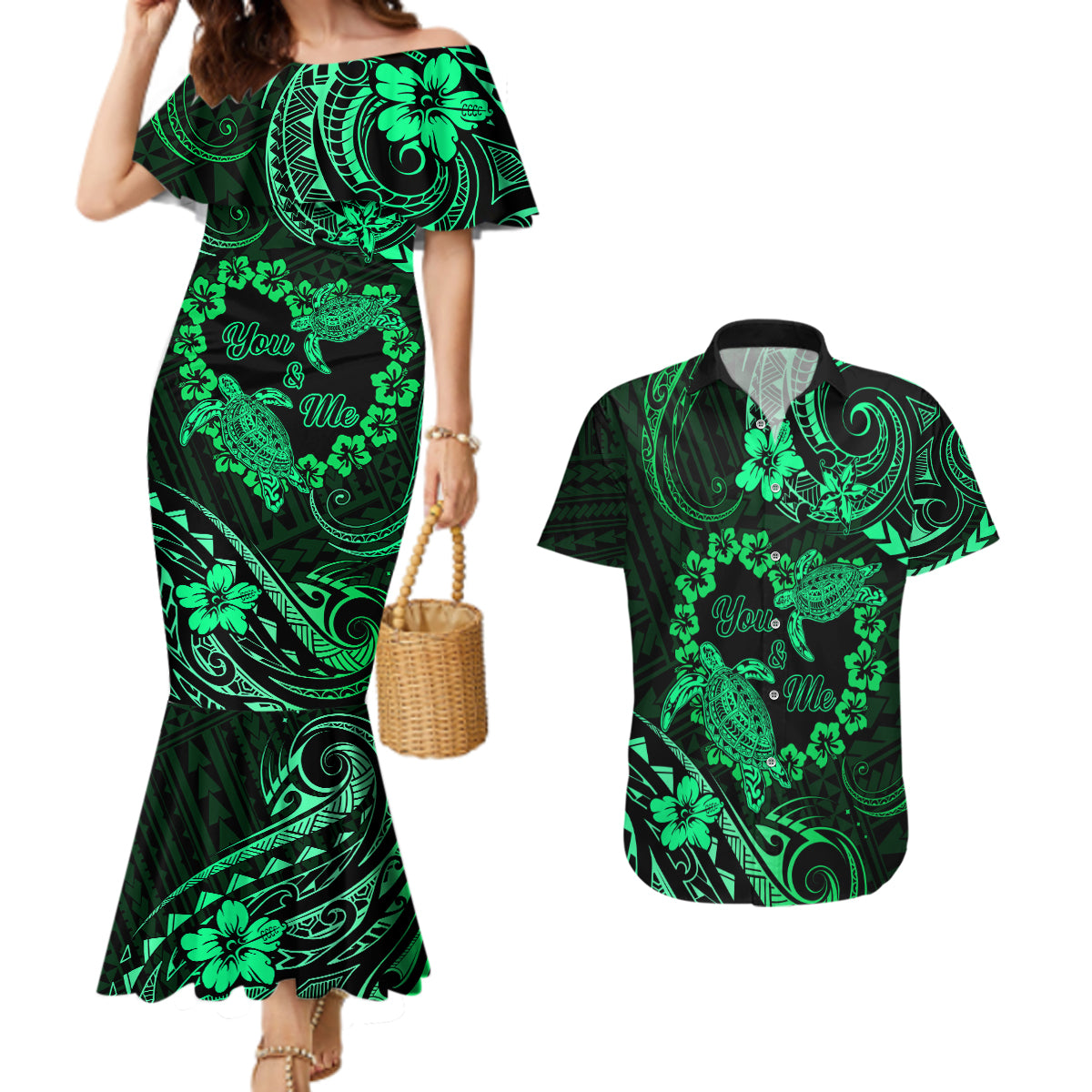 Polynesian Turtle Valentine Couples Matching Mermaid Dress and Hawaiian Shirt You And Me Green Hibiscus Heart LT01 Green - Polynesian Pride