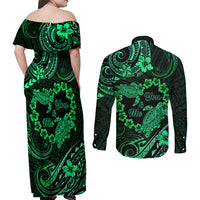 Polynesian Turtle Valentine Couples Matching Off Shoulder Maxi Dress and Long Sleeve Button Shirt You And Me Green Hibiscus Heart LT01 - Polynesian Pride