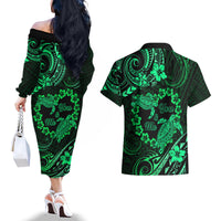 Polynesian Turtle Valentine Couples Matching Off The Shoulder Long Sleeve Dress and Hawaiian Shirt You And Me Green Hibiscus Heart LT01 - Polynesian Pride