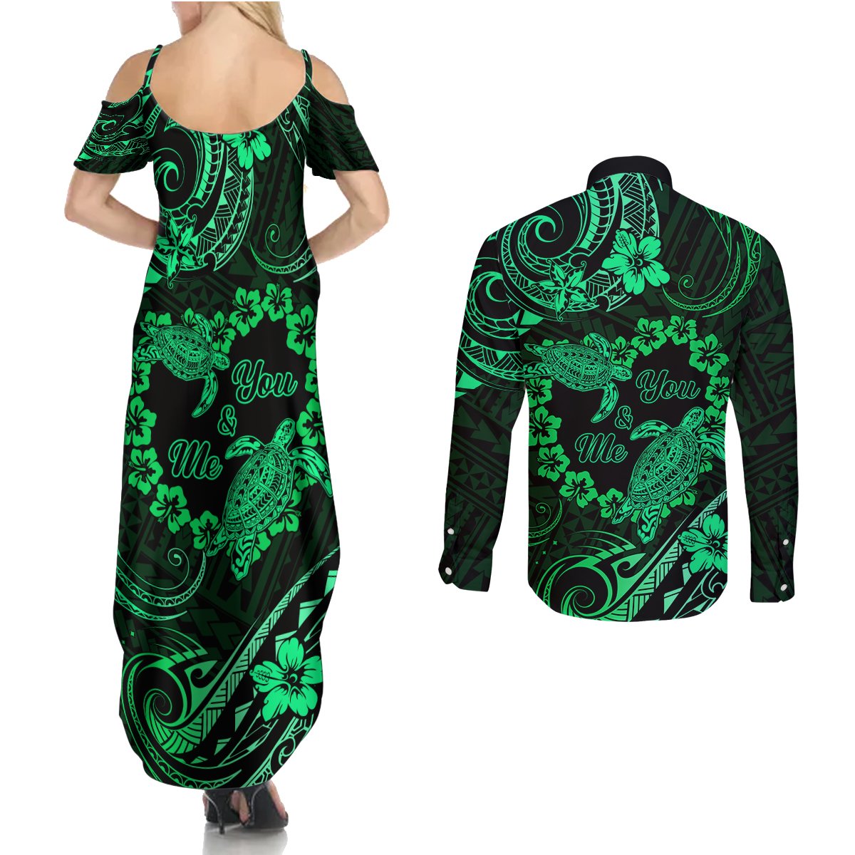 Polynesian Turtle Valentine Couples Matching Summer Maxi Dress and Long Sleeve Button Shirt You And Me Green Hibiscus Heart LT01 - Polynesian Pride