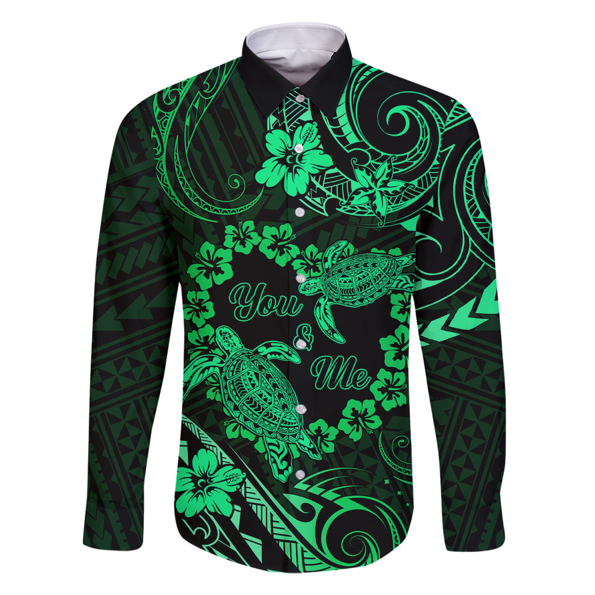 Polynesian Turtle Valentine Family Matching Mermaid Dress and Hawaiian Shirt You And Me Green Hibiscus Heart LT01 Dad's Shirt - Long Sleeve Green - Polynesian Pride