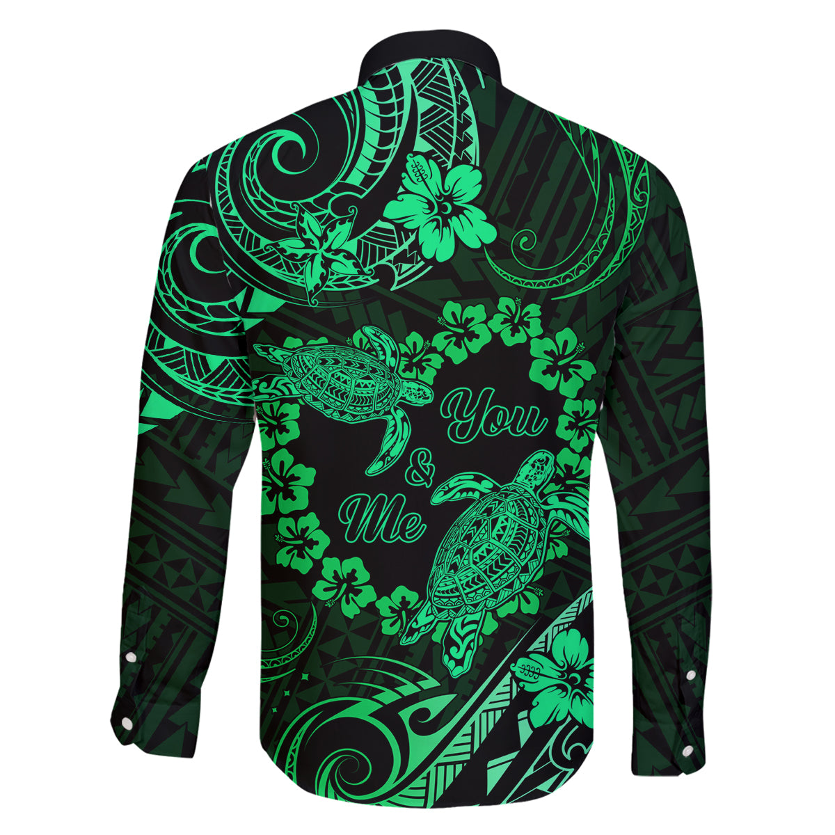 Polynesian Turtle Valentine Family Matching Off Shoulder Long Sleeve Dress and Hawaiian Shirt You And Me Green Hibiscus Heart LT01 - Polynesian Pride
