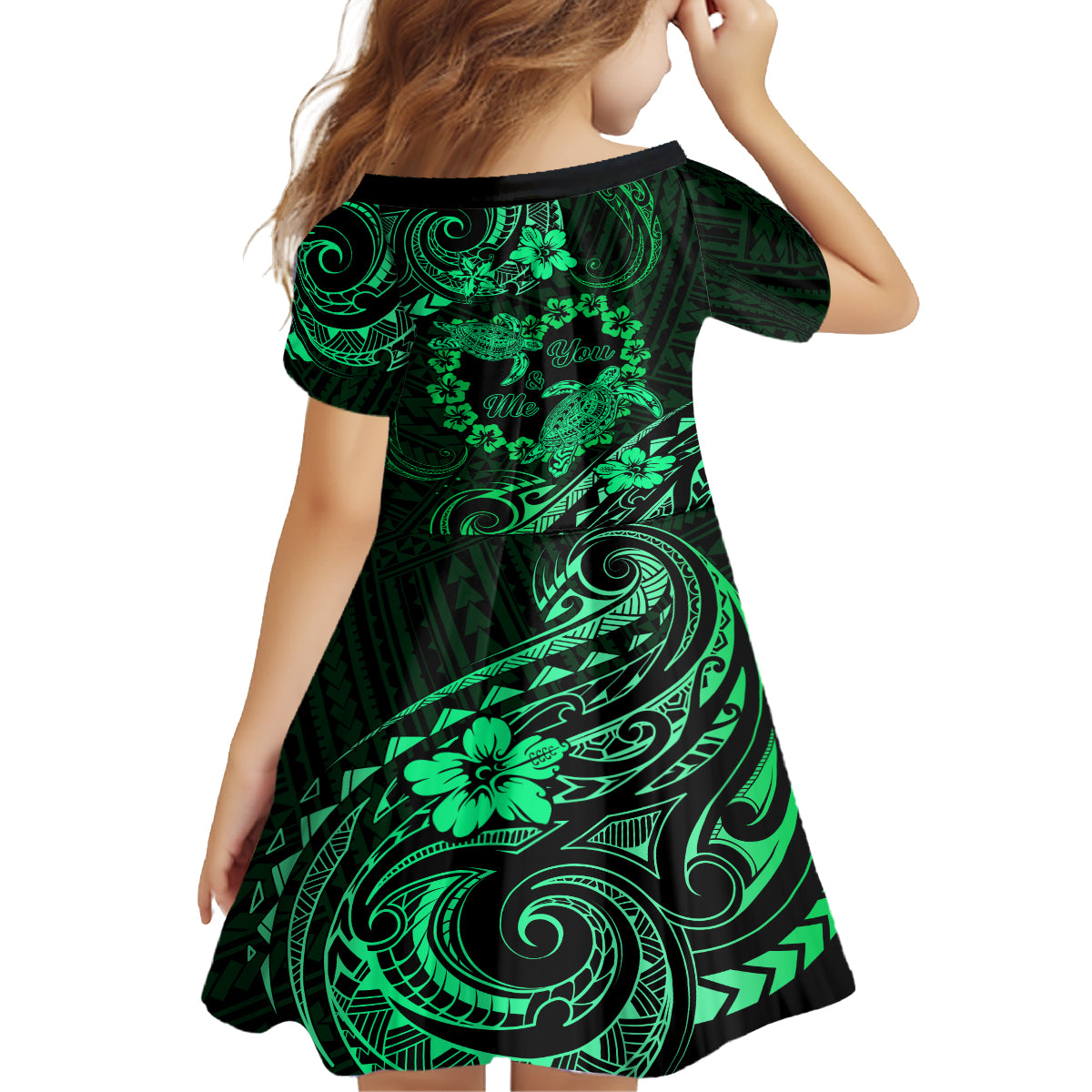 Polynesian Turtle Valentine Family Matching Off Shoulder Maxi Dress and Hawaiian Shirt You And Me Green Hibiscus Heart LT01 - Polynesian Pride