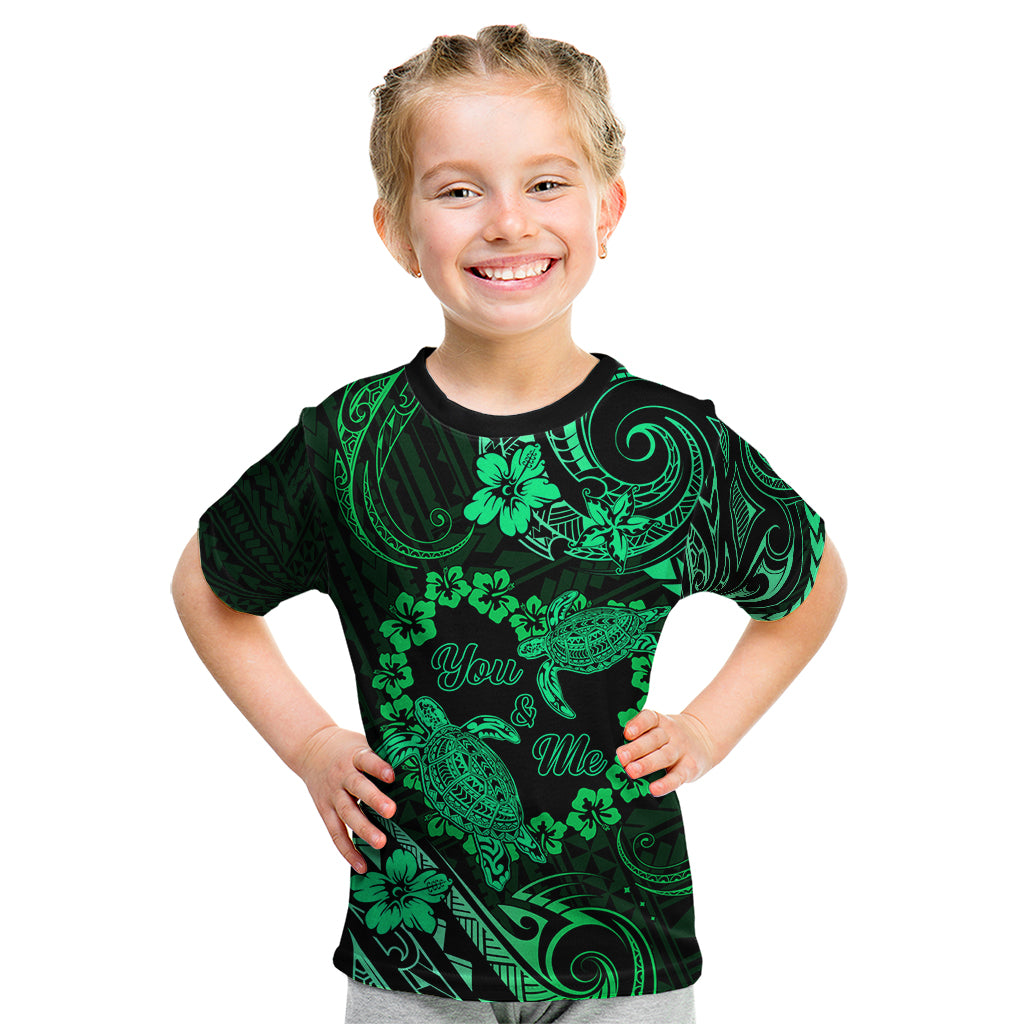 Polynesian Turtle Valentine Kid T Shirt You And Me Green Hibiscus Heart LT01 Green - Polynesian Pride
