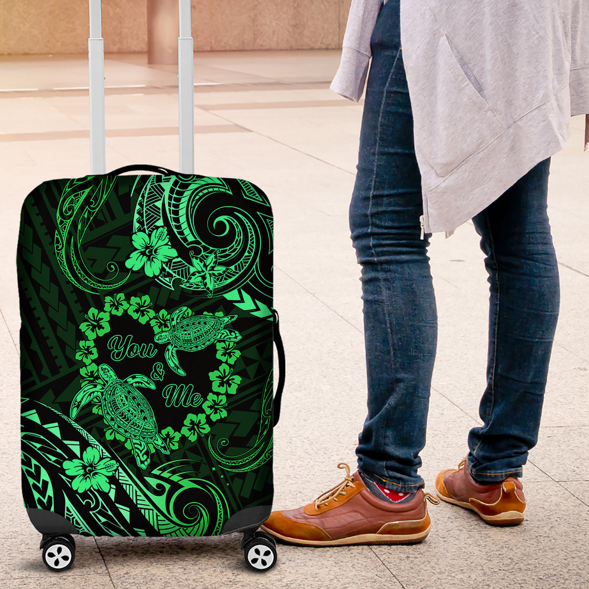 Polynesian Turtle Valentine Luggage Cover You And Me Green Hibiscus Heart LT01 Green - Polynesian Pride