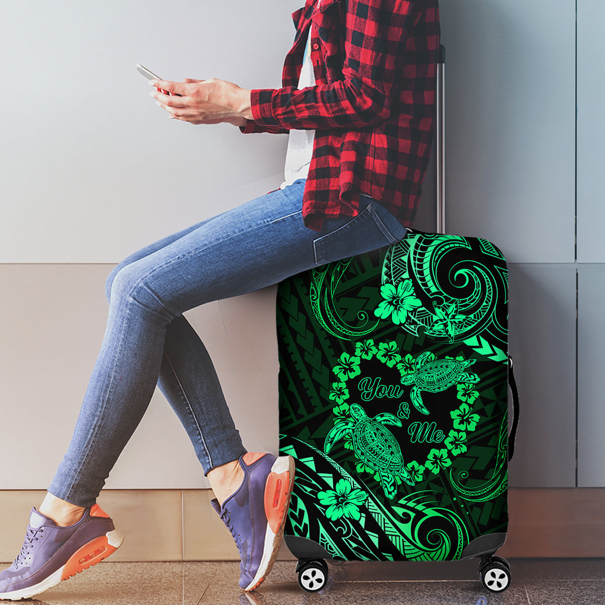 Polynesian Turtle Valentine Luggage Cover You And Me Green Hibiscus Heart LT01 - Polynesian Pride