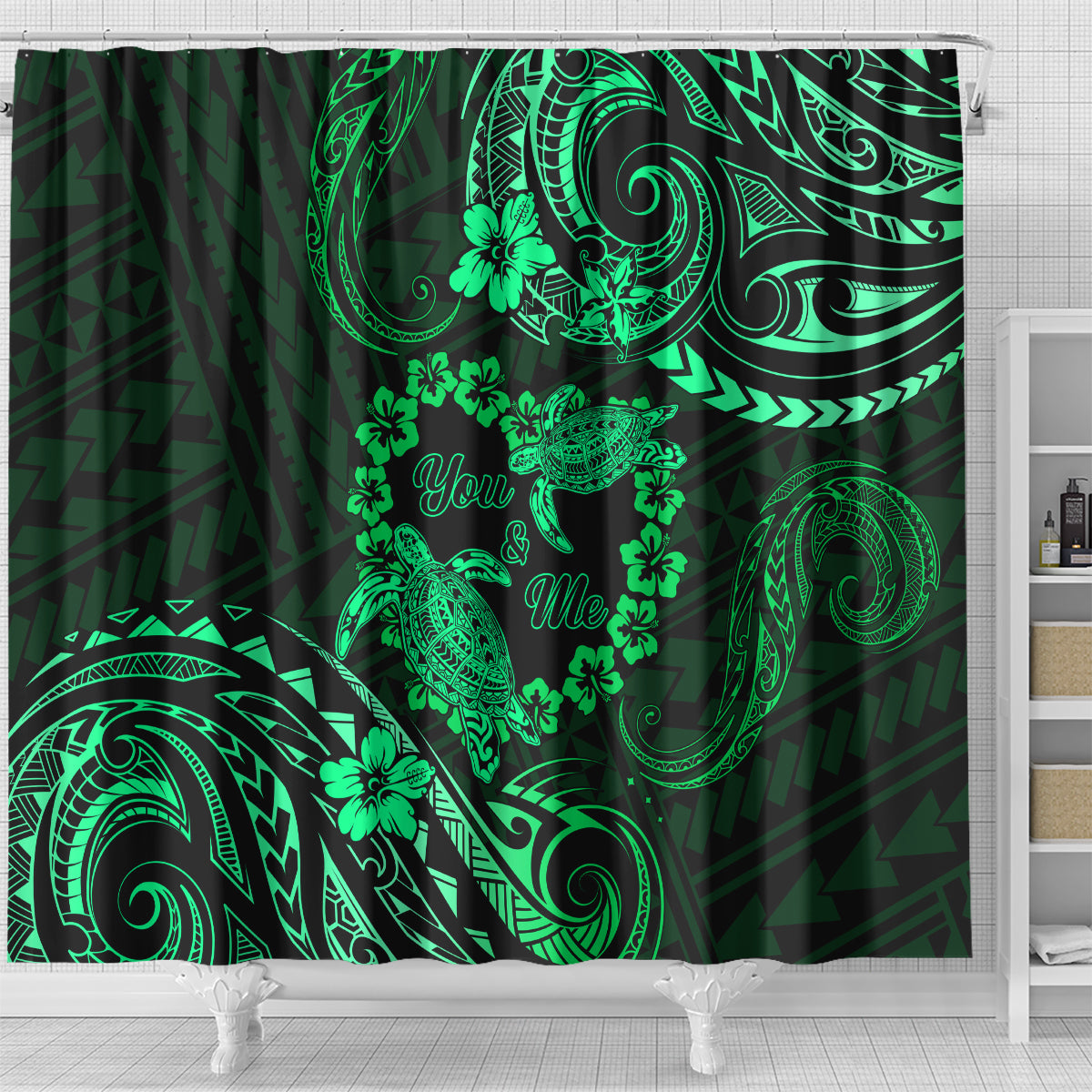 Polynesian Turtle Valentine Shower Curtain You And Me Green Hibiscus Heart LT01 - Polynesian Pride