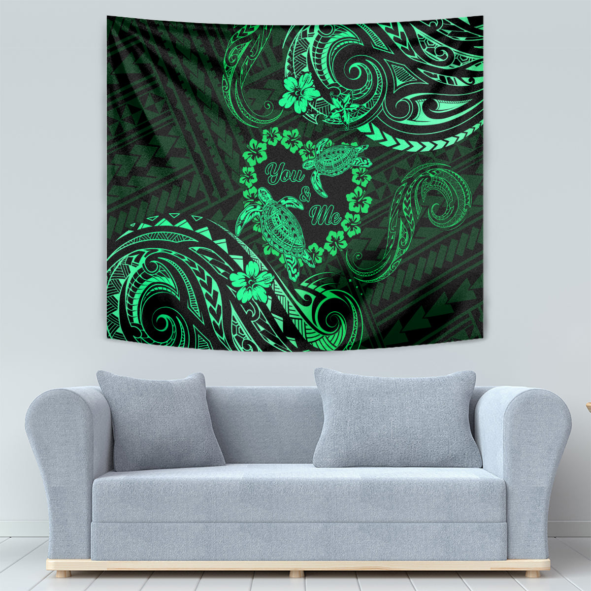 Polynesian Turtle Valentine Tapestry You And Me Green Hibiscus Heart LT01 - Polynesian Pride