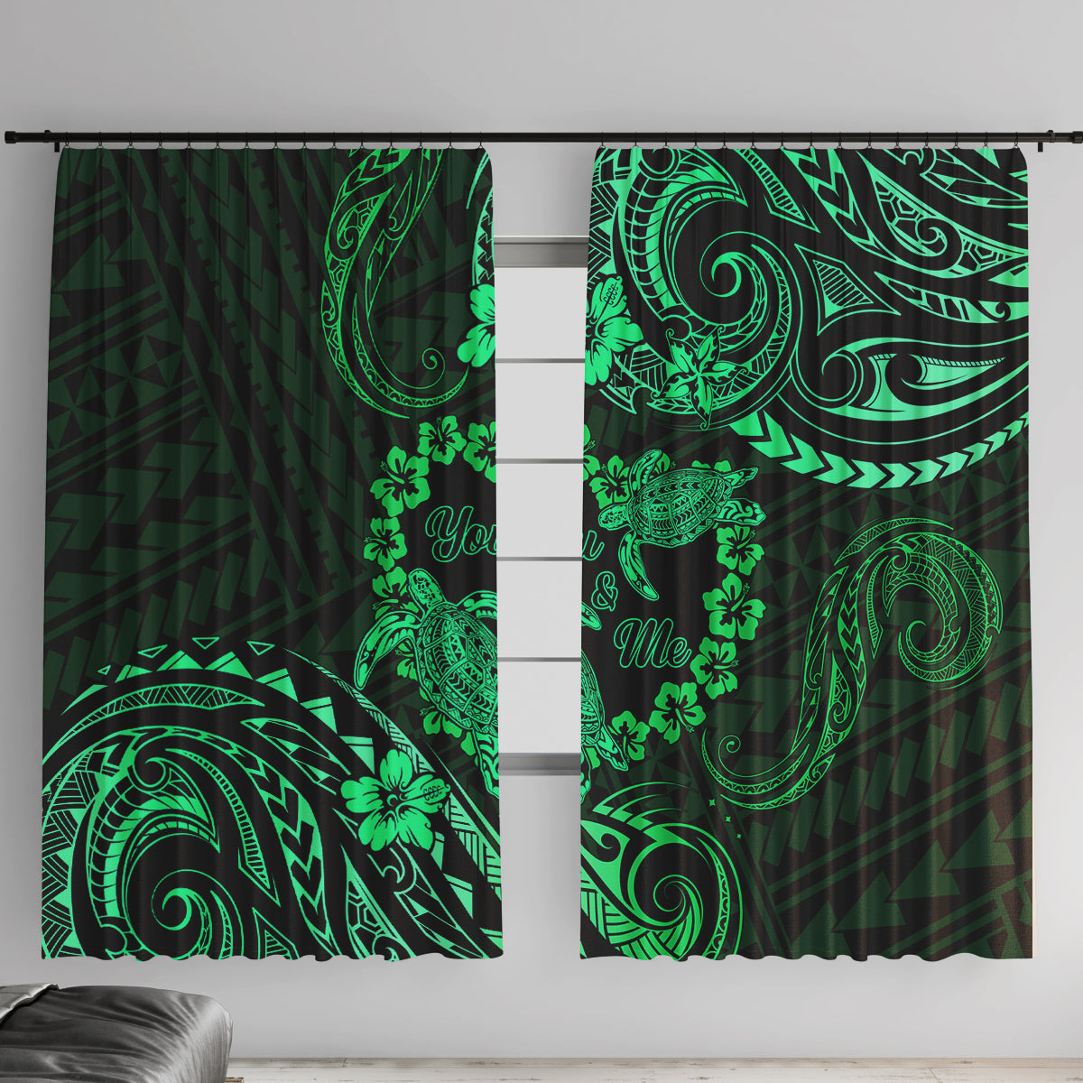 Polynesian Turtle Valentine Window Curtain You And Me Green Hibiscus Heart LT01 With Hooks Green - Polynesian Pride