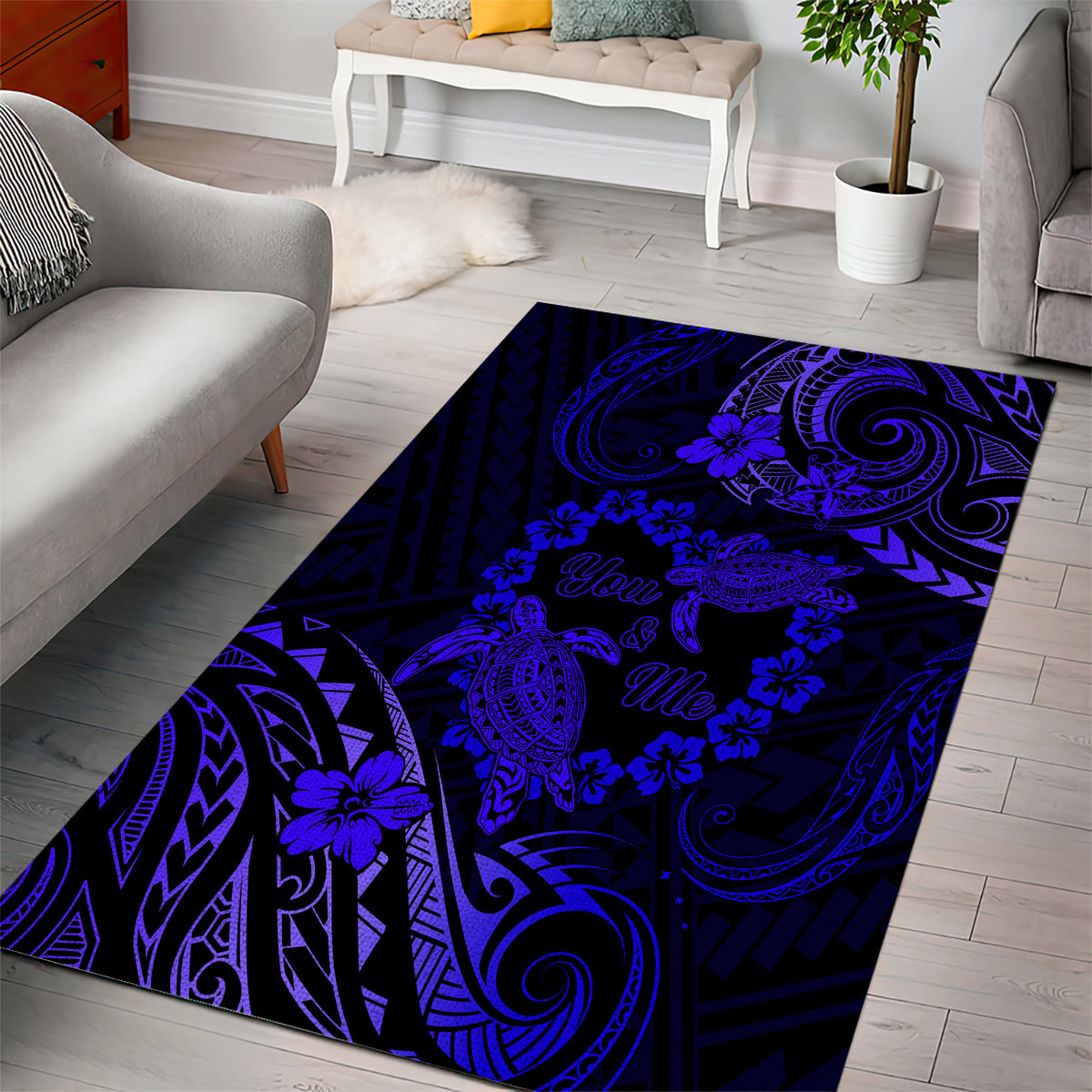 Polynesian Turtle Valentine Area Rug You And Me Navy Blue Hibiscus Heart LT01 - Polynesian Pride