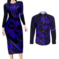 Polynesian Turtle Valentine Couples Matching Long Sleeve Bodycon Dress and Long Sleeve Button Shirt You And Me Navy Blue Hibiscus Heart LT01 Blue - Polynesian Pride