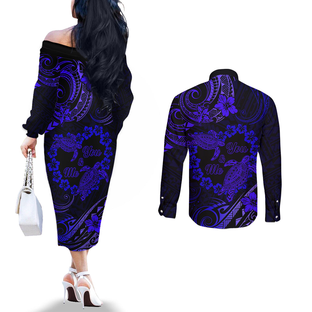 Polynesian Turtle Valentine Couples Matching Off The Shoulder Long Sleeve Dress and Long Sleeve Button Shirt You And Me Navy Blue Hibiscus Heart LT01 - Polynesian Pride