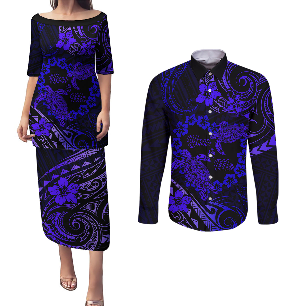 Polynesian Turtle Valentine Couples Matching Puletasi and Long Sleeve Button Shirt You And Me Navy Blue Hibiscus Heart LT01 Blue - Polynesian Pride