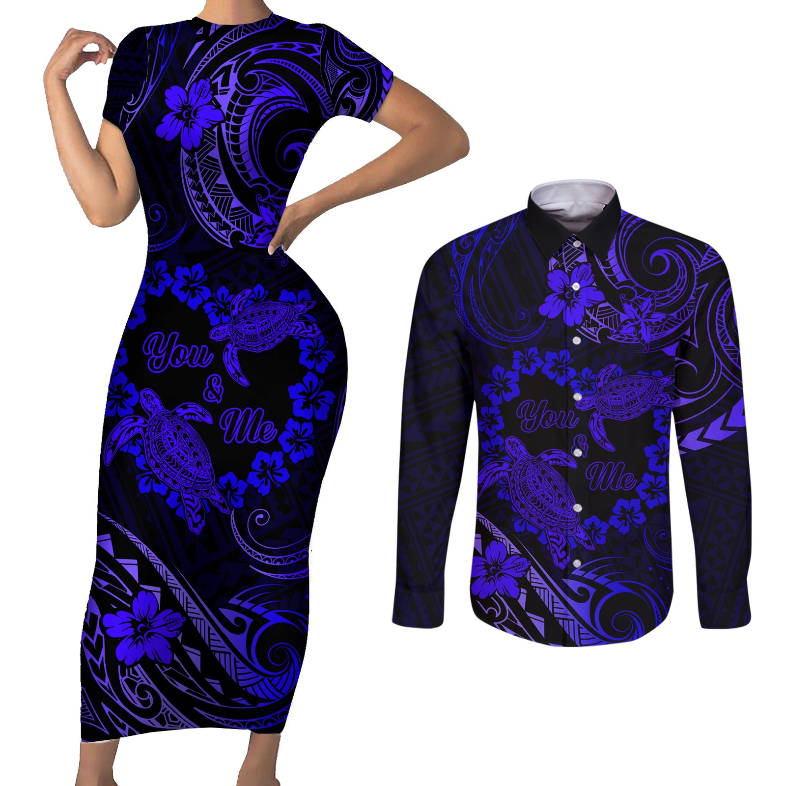 Polynesian Turtle Valentine Couples Matching Short Sleeve Bodycon Dress and Long Sleeve Button Shirt You And Me Navy Blue Hibiscus Heart LT01 Blue - Polynesian Pride