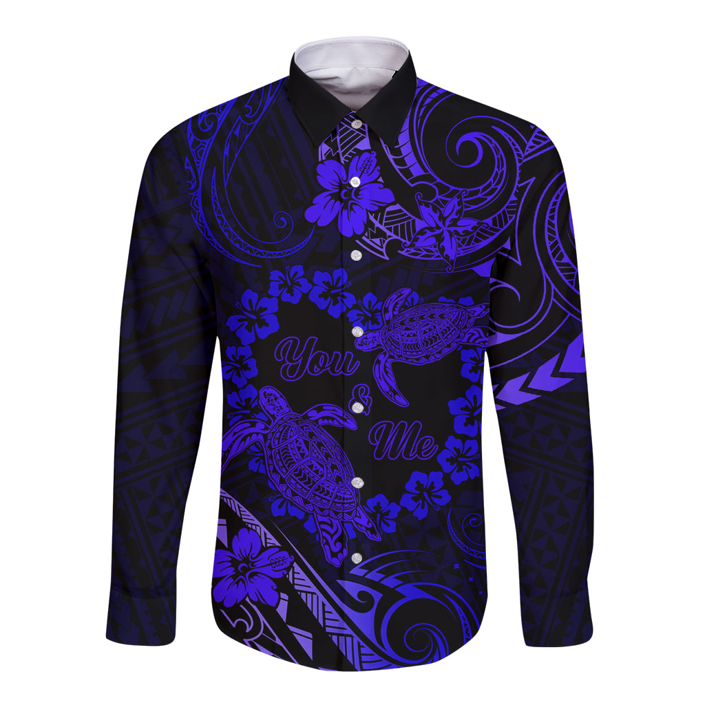Polynesian Turtle Valentine Long Sleeve Button Shirt You And Me Navy Blue Hibiscus Heart LT01 Unisex Blue - Polynesian Pride