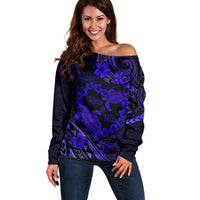 Polynesian Turtle Valentine Off Shoulder Sweater You And Me Navy Blue Hibiscus Heart LT01 Women Blue - Polynesian Pride