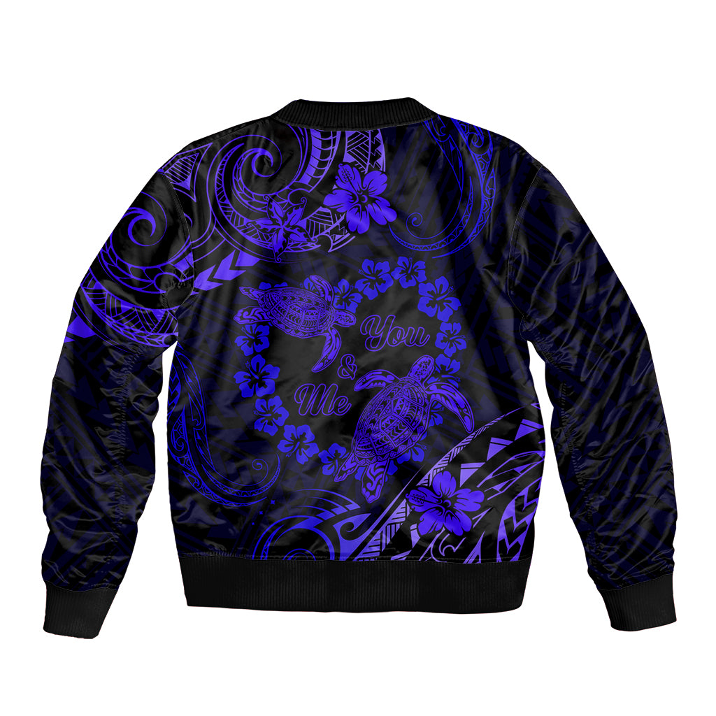 Polynesian Turtle Valentine Sleeve Zip Bomber Jacket You And Me Navy Blue Hibiscus Heart LT01 - Polynesian Pride