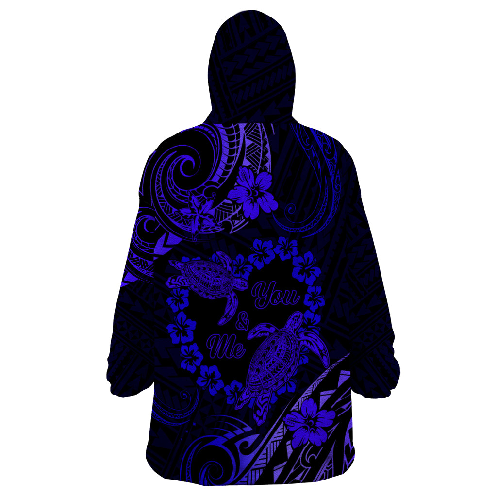 Polynesian Turtle Valentine Wearable Blanket Hoodie You And Me Navy Blue Hibiscus Heart LT01 - Polynesian Pride