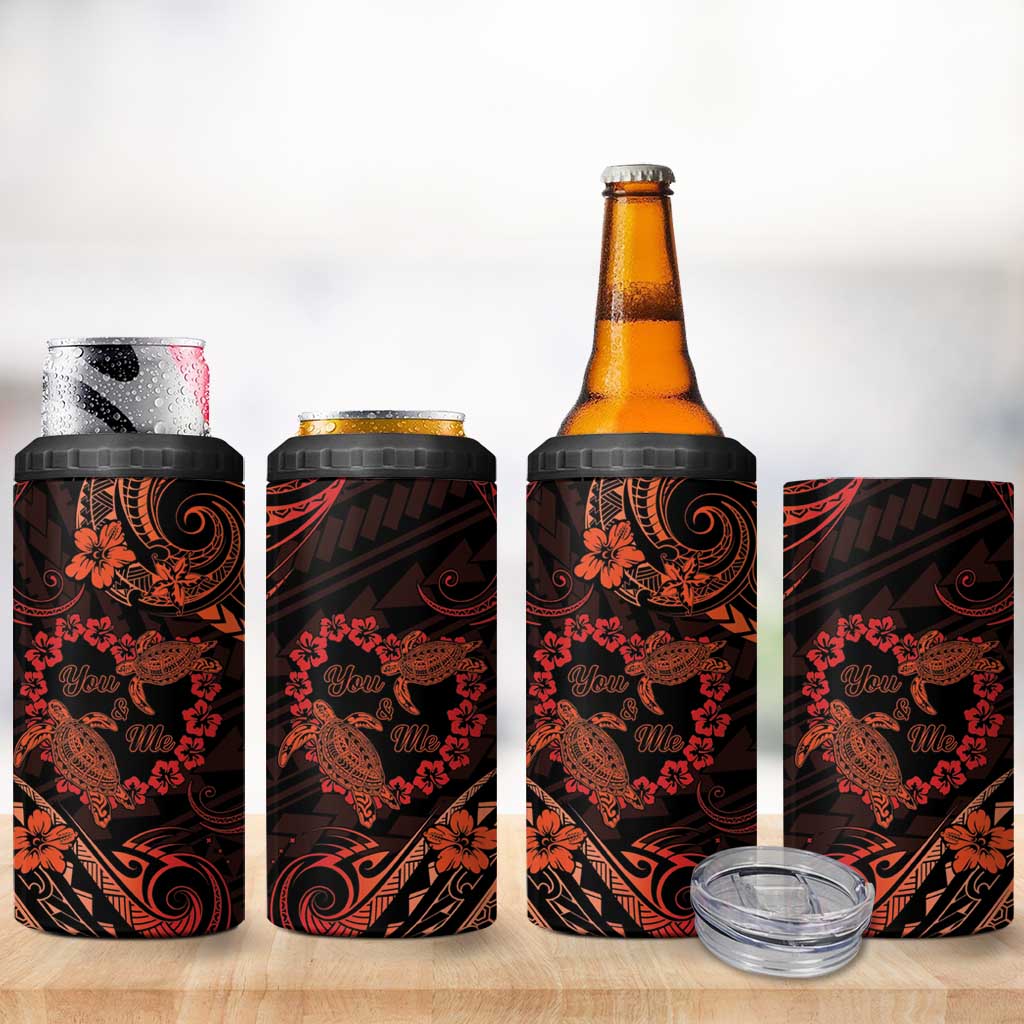 Polynesian Turtle Valentine 4 in 1 Can Cooler Tumbler You And Me Orange Hibiscus Heart