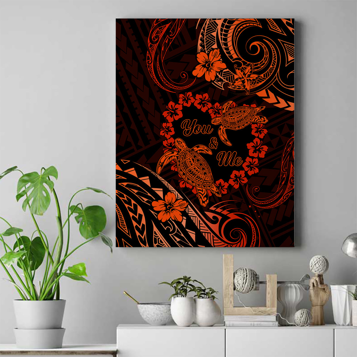 Polynesian Turtle Valentine Canvas Wall Art You And Me Orange Hibiscus Heart LT01 Orange - Polynesian Pride