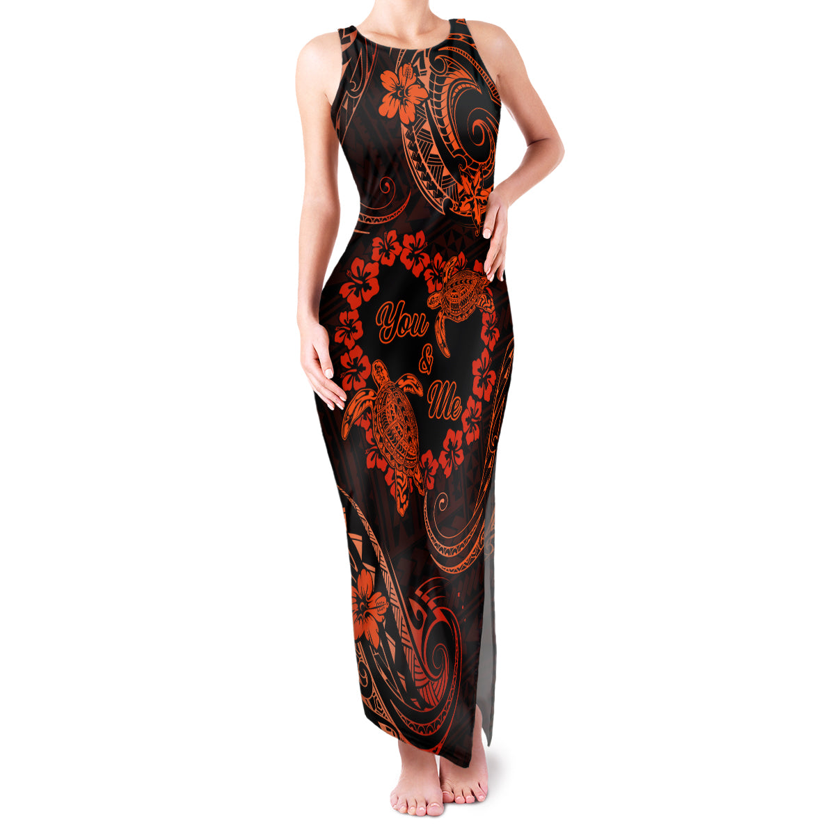 Polynesian Turtle Valentine Family Matching Tank Maxi Dress and Hawaiian Shirt You And Me Orange Hibiscus Heart LT01 Mom's Dress Orange - Polynesian Pride