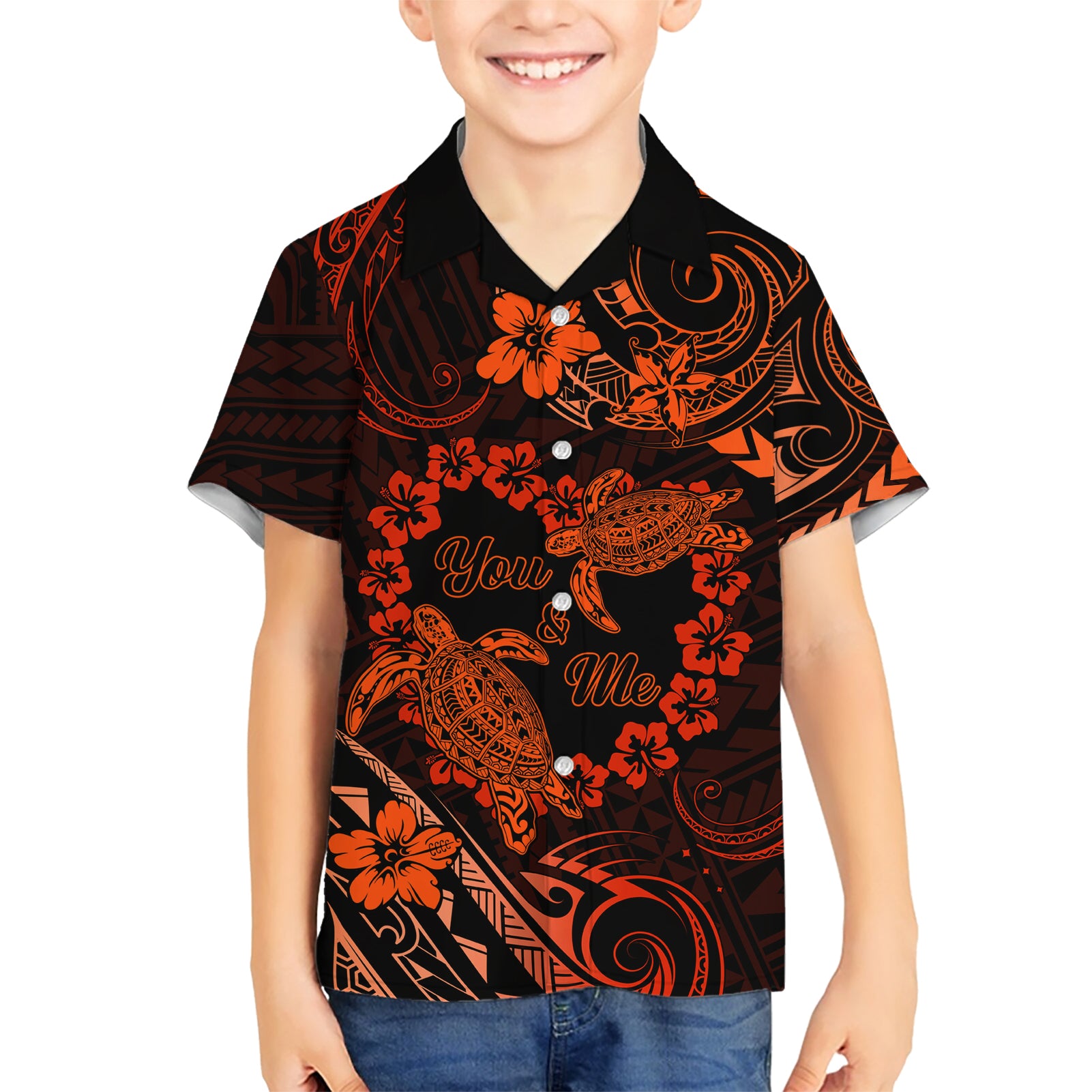 Polynesian Turtle Valentine Kid Hawaiian Shirt You And Me Orange Hibiscus Heart LT01 Kid Orange - Polynesian Pride