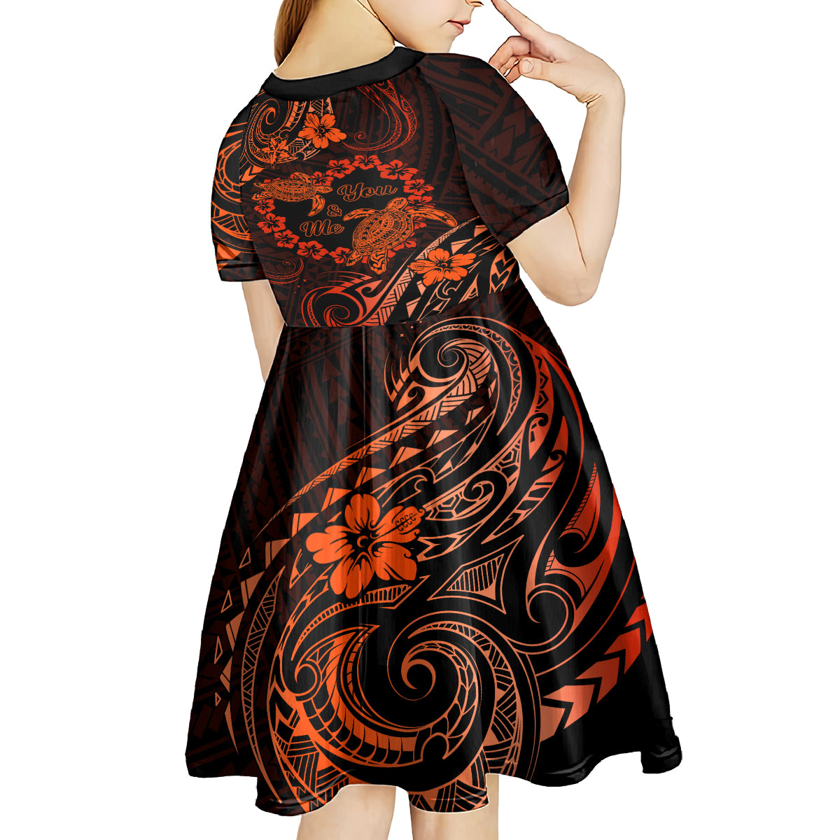 Polynesian Turtle Valentine Kid Short Sleeve Dress You And Me Orange Hibiscus Heart LT01 - Polynesian Pride