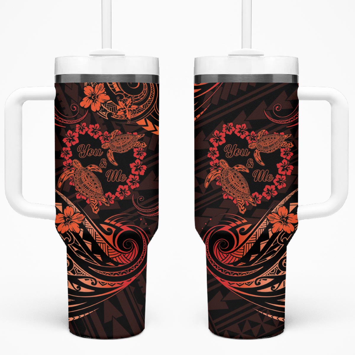 Polynesian Turtle Valentine Tumbler With Handle You And Me Orange Hibiscus Heart