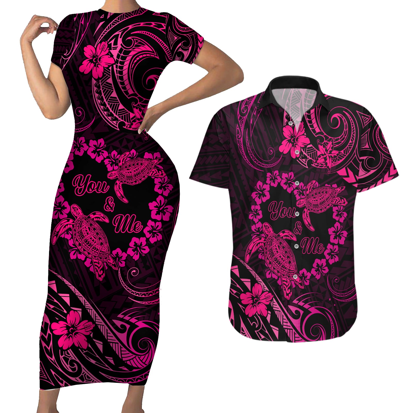 Polynesian Turtle Valentine Couples Matching Short Sleeve Bodycon Dress and Hawaiian Shirt You And Me Pink Hibiscus Heart LT01 Pink - Polynesian Pride