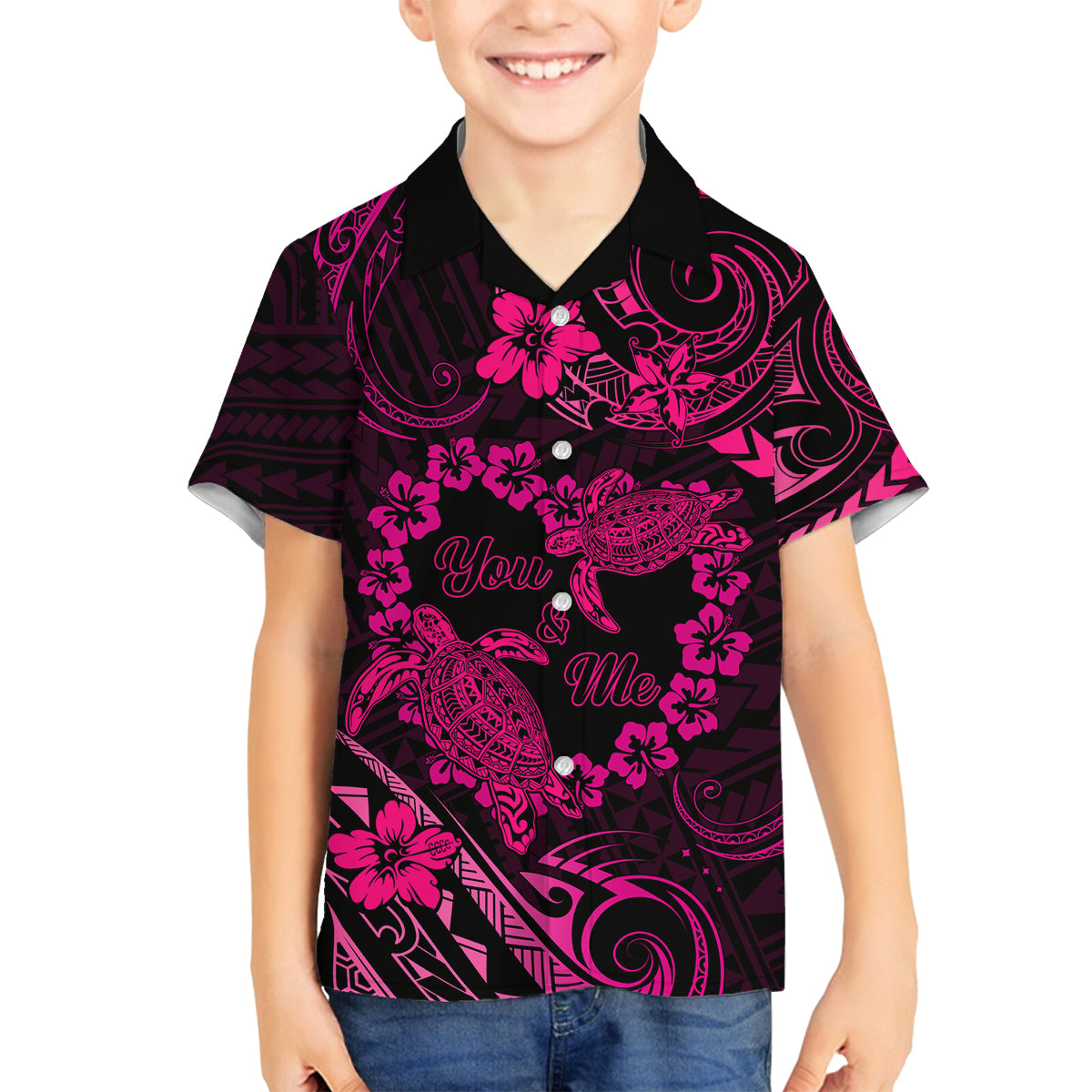 Polynesian Turtle Valentine Family Matching Long Sleeve Bodycon Dress and Hawaiian Shirt You And Me Pink Hibiscus Heart LT01 Son's Shirt Pink - Polynesian Pride