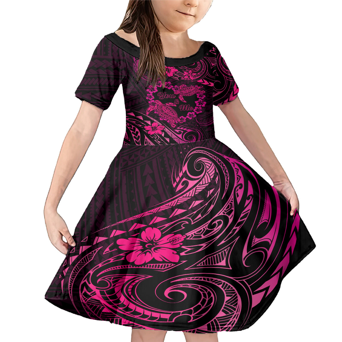 Polynesian Turtle Valentine Family Matching Mermaid Dress and Hawaiian Shirt You And Me Pink Hibiscus Heart LT01 Daughter's Dress Pink - Polynesian Pride