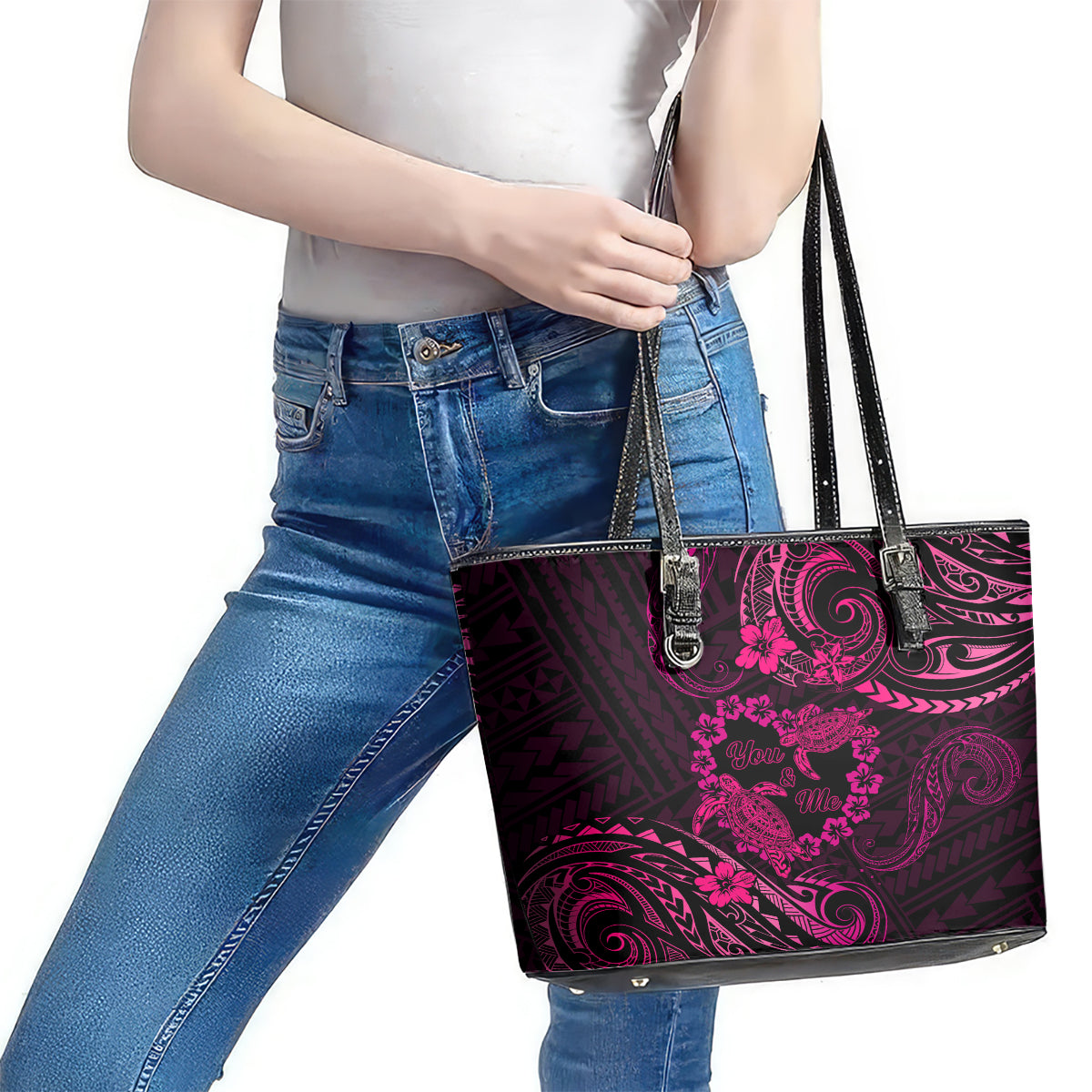 Polynesian Turtle Valentine Leather Tote Bag You And Me Pink Hibiscus Heart LT01 - Polynesian Pride