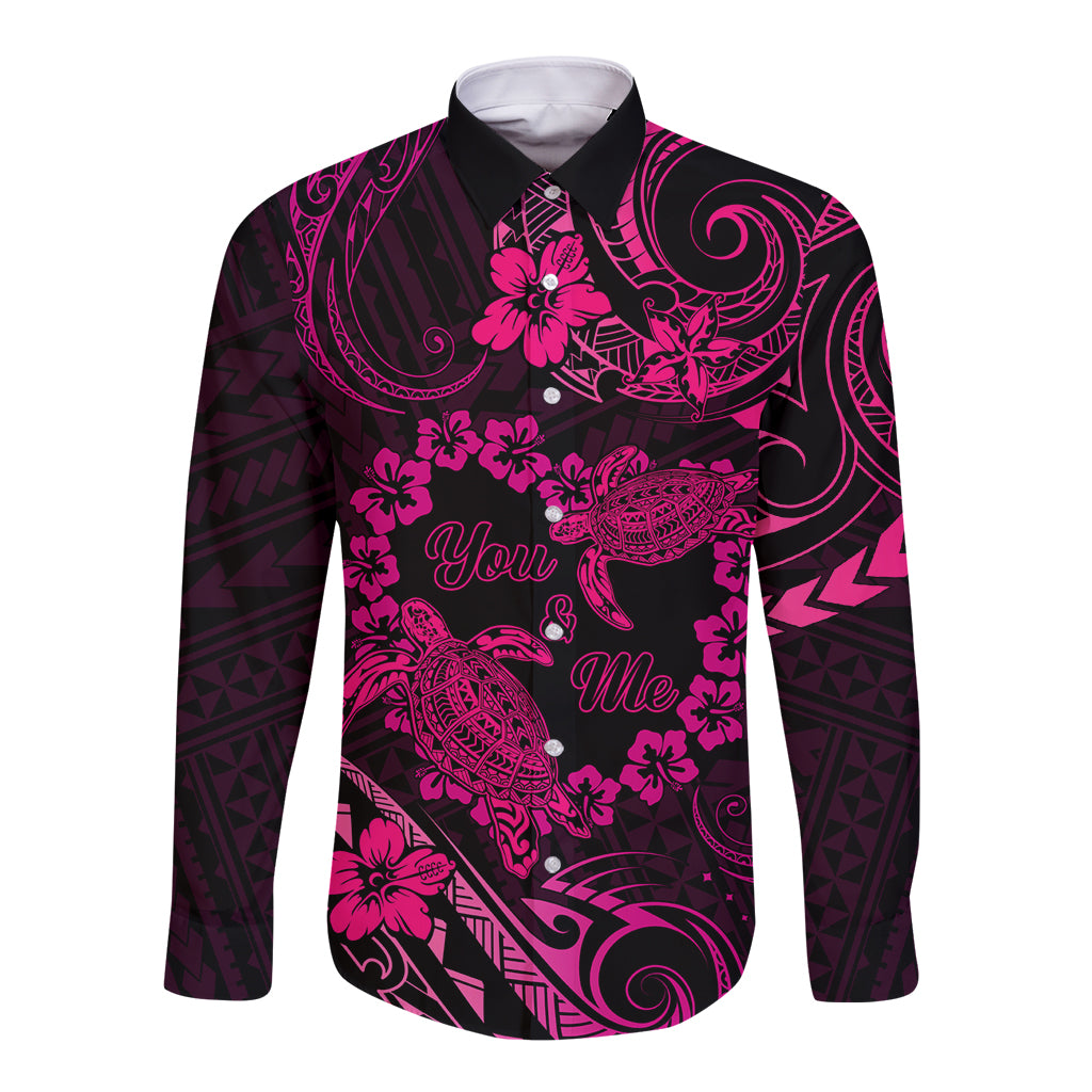Polynesian Turtle Valentine Long Sleeve Button Shirt You And Me Pink Hibiscus Heart LT01 Unisex Pink - Polynesian Pride