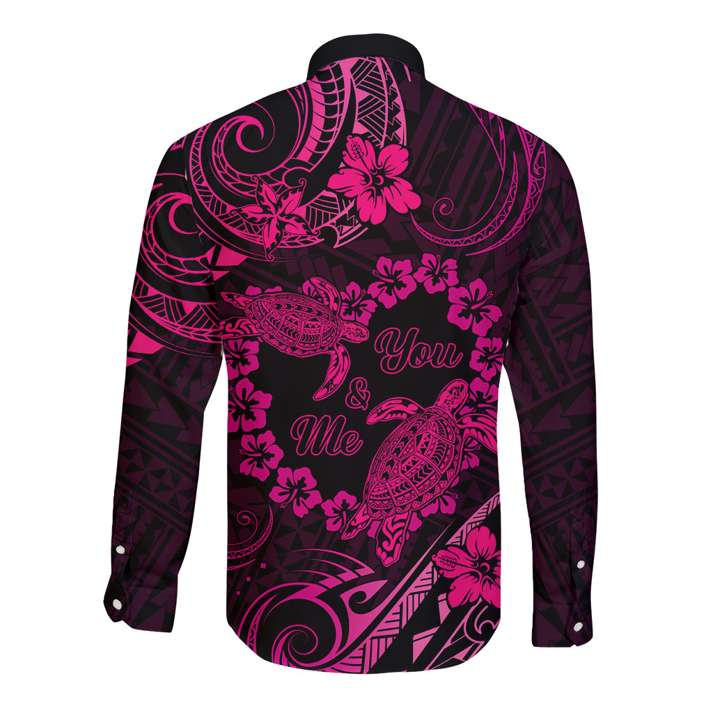 Polynesian Turtle Valentine Long Sleeve Button Shirt You And Me Pink Hibiscus Heart LT01 - Polynesian Pride