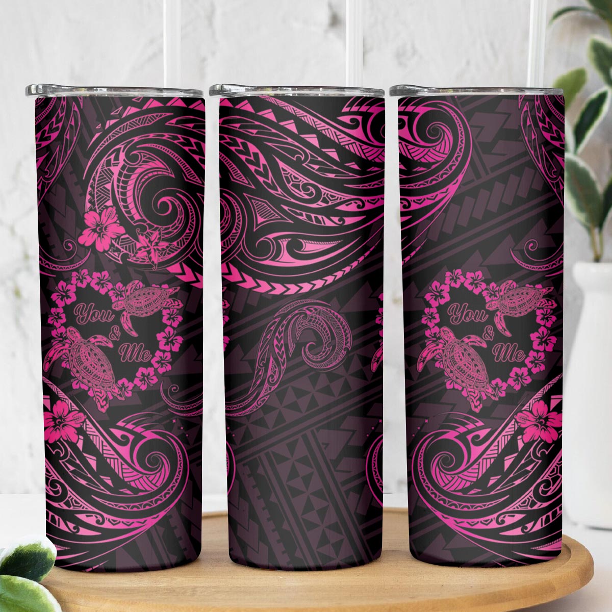 Polynesian Turtle Valentine Skinny Tumbler You And Me Pink Hibiscus Heart