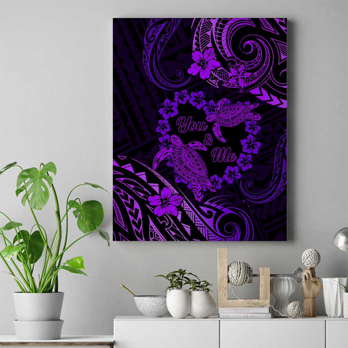 Polynesian Turtle Valentine Canvas Wall Art You And Me Purple Hibiscus Heart LT01 Purple - Polynesian Pride