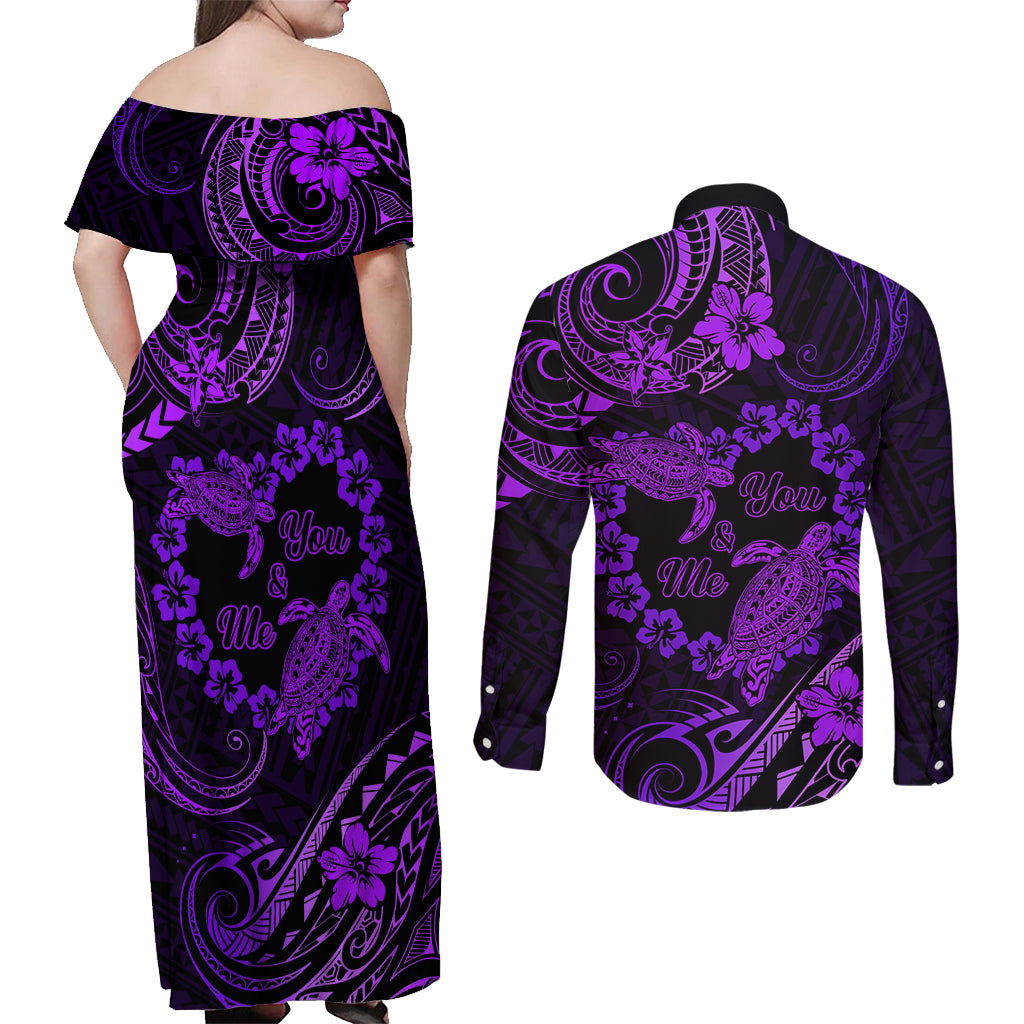 Polynesian Turtle Valentine Couples Matching Off Shoulder Maxi Dress and Long Sleeve Button Shirt You And Me Purple Hibiscus Heart LT01 - Polynesian Pride