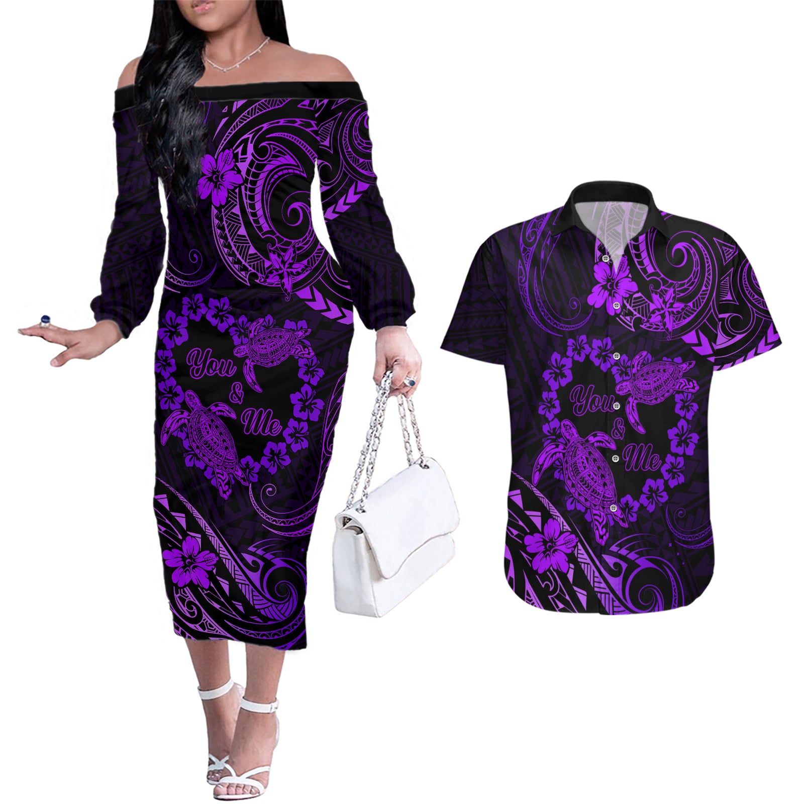 Polynesian Turtle Valentine Couples Matching Off The Shoulder Long Sleeve Dress and Hawaiian Shirt You And Me Purple Hibiscus Heart LT01 Purple - Polynesian Pride