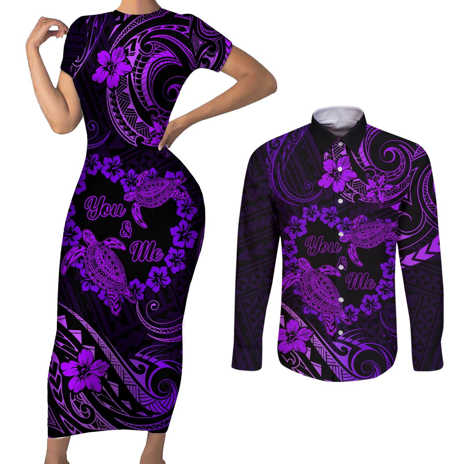 Polynesian Turtle Valentine Couples Matching Short Sleeve Bodycon Dress and Long Sleeve Button Shirt You And Me Purple Hibiscus Heart LT01 Purple - Polynesian Pride